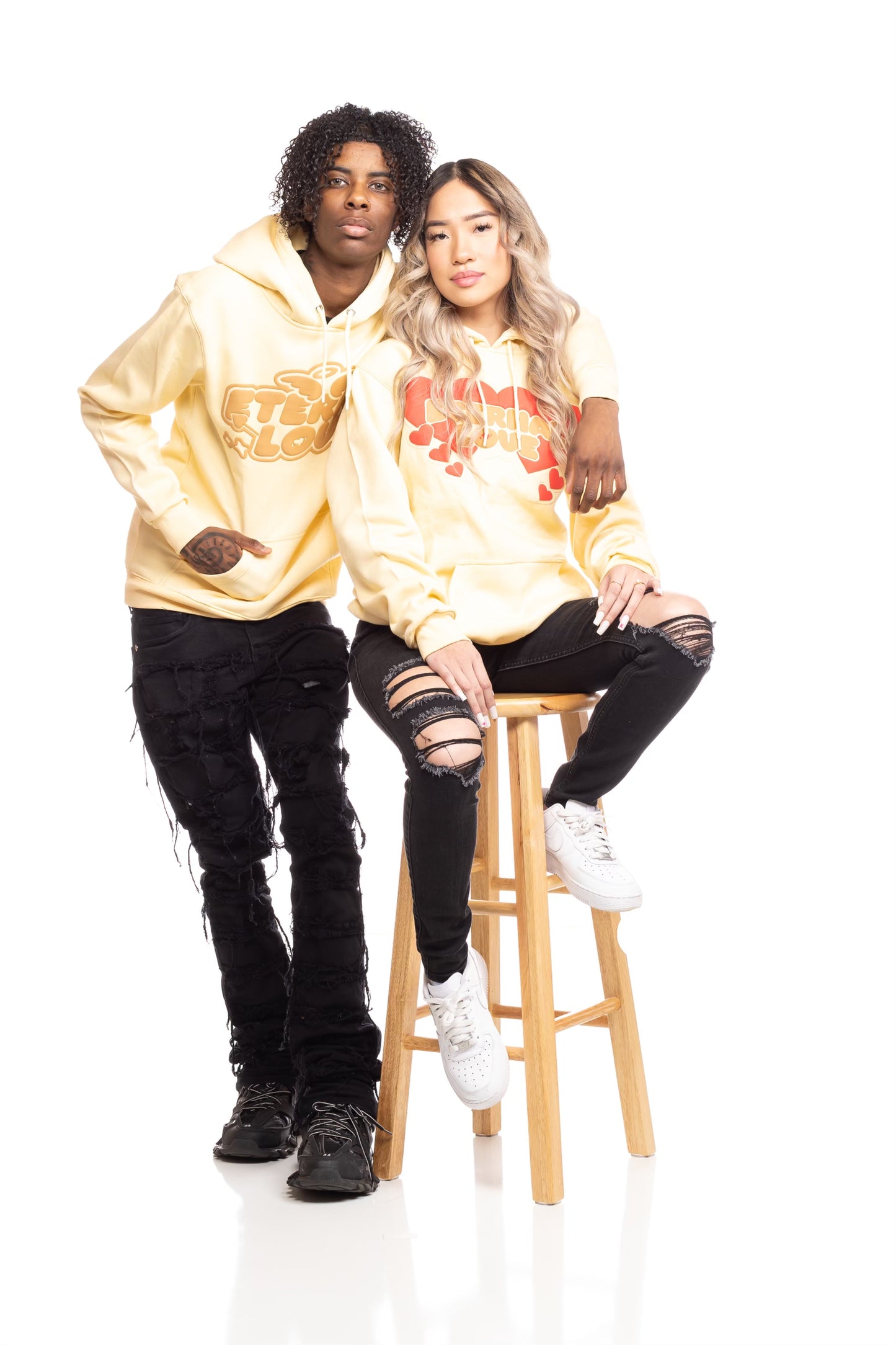 Eternal Love Puff Print Hearts Hoodie- Cream