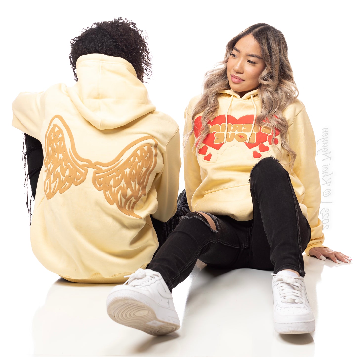 Eternal Love Puff Print Hearts Hoodie- Cream