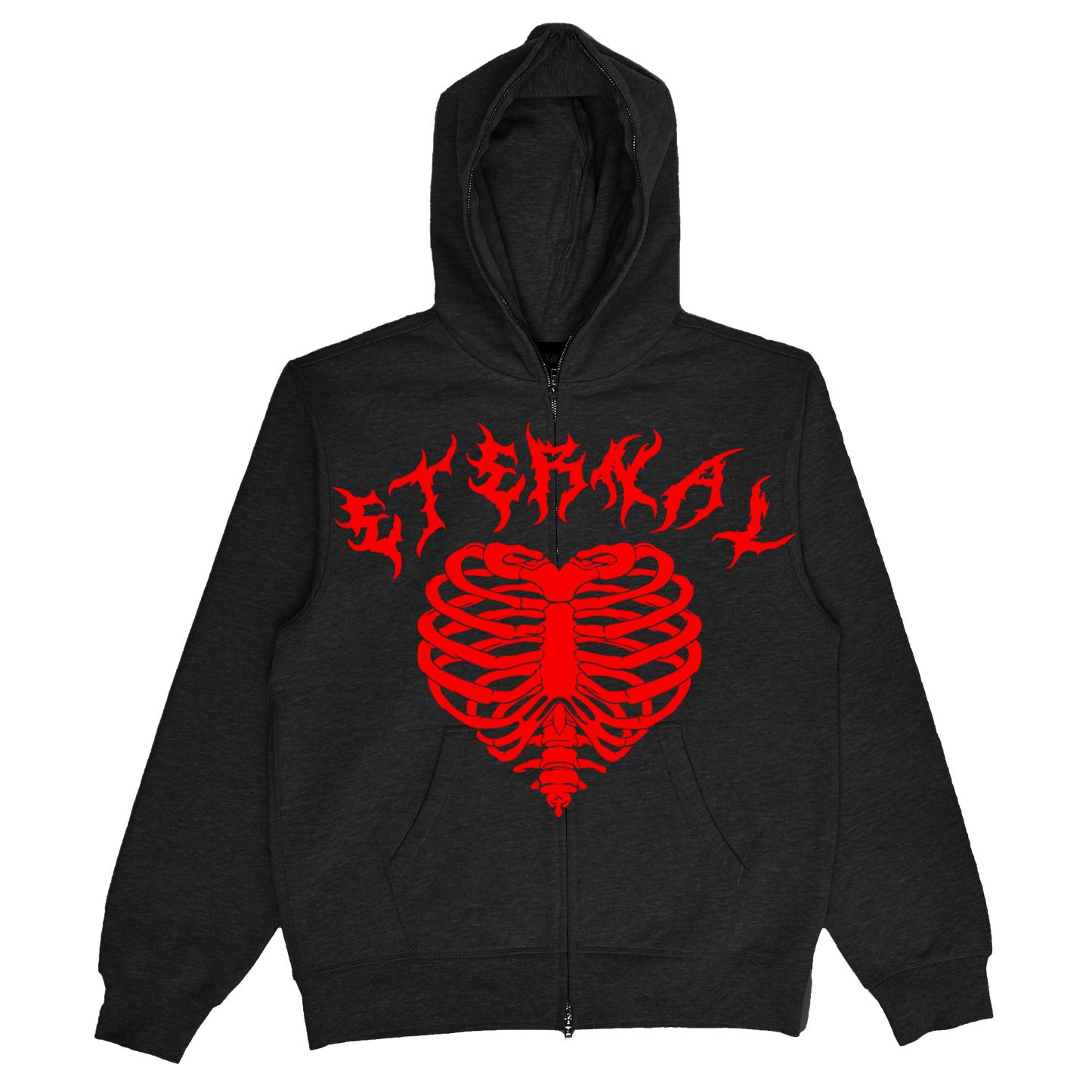 Eternal Rhinestone Skeleton Heart Zip-Up - Black & Red