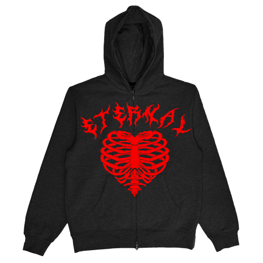 Eternal Rhinestone Skeleton Heart Zip-Up - Black & Red