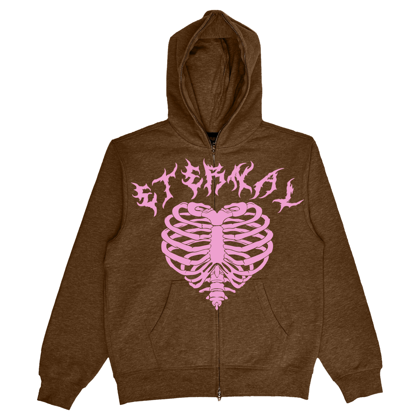 Eternal Rhinestone Skeleton Heart Zip-Up - Brown & Pink