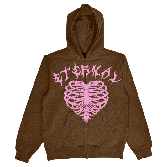 Eternal Rhinestone Skeleton Heart Zip-Up - Brown & Pink